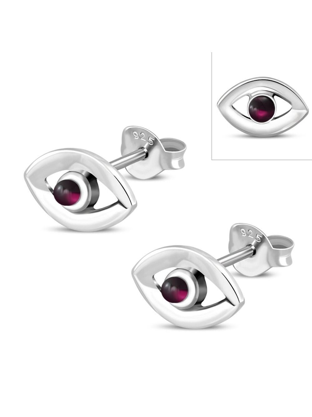 Earrings--Garnet Evil Eye Sterling Silver Studs